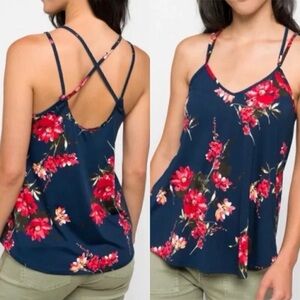 PaperMoon Basima Navy Blue Red Floral Strappy Tank Top
